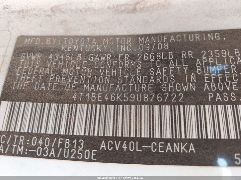 2009 Toyota Camry Le VIN: 4T1BE46K59U876722 Lot: 43393593
