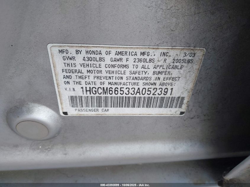 2003 Honda Accord 3.0 Ex VIN: 1HGCM66533A052391 Lot: 43393599