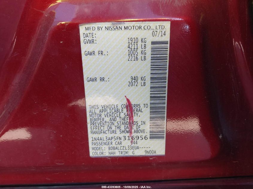 2015 Nissan Altima 2.5/2.5 S/2.5 Sl/2.5 Sv VIN: 1N4AL3AP5FN316956 Lot: 43393605