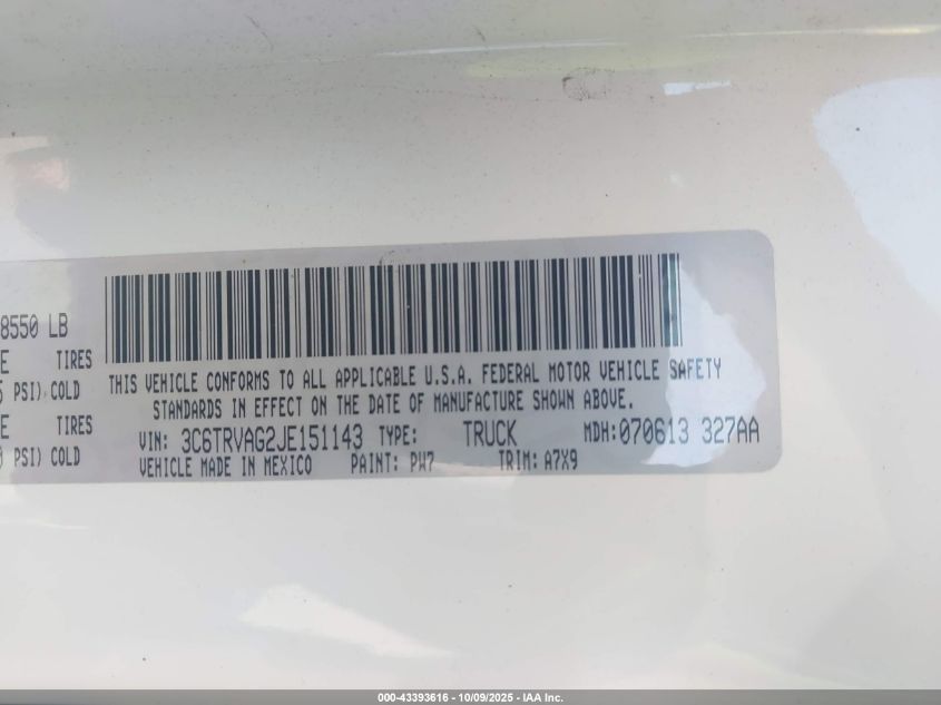 2018 Ram Promaster 1500 Low Roof 136 Wb VIN: 3C6TRVAG2JE151143 Lot: 43393616