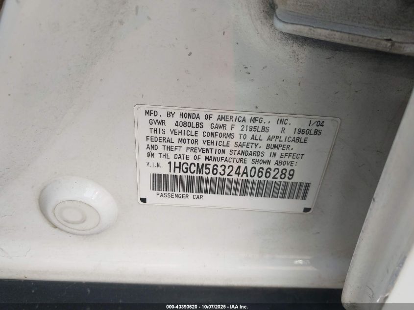 2004 Honda Accord 2.4 Lx VIN: 1HGCM56324A066289 Lot: 43393620