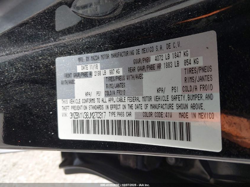 2018 Mazda Mazda3 Touring VIN: 3MZBN1V38JM270317 Lot: 43393630