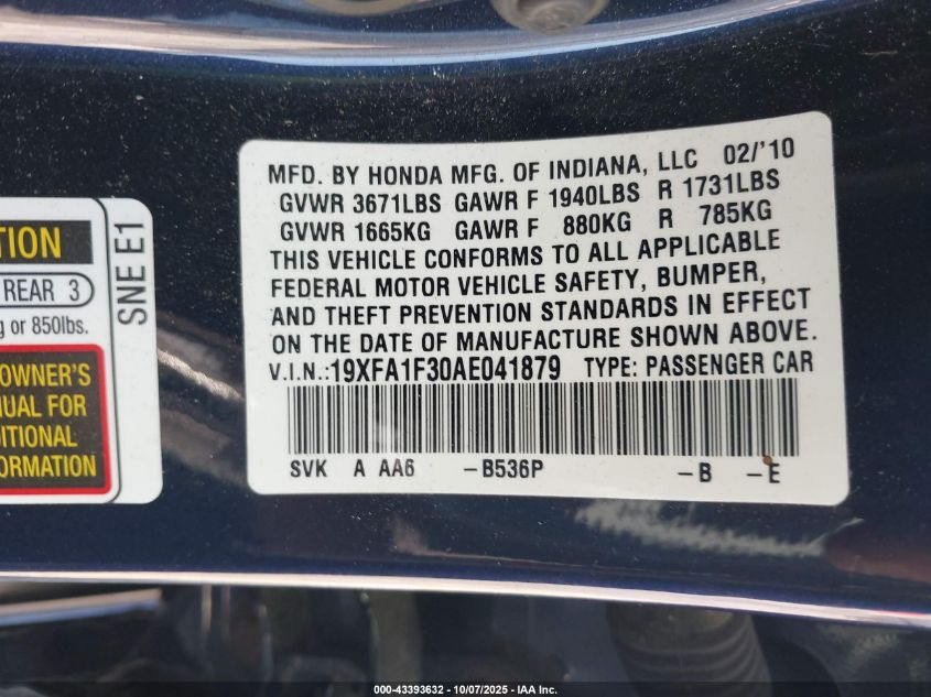 2010 Honda Civic Vp VIN: 19XFA1F30AE041879 Lot: 43393632