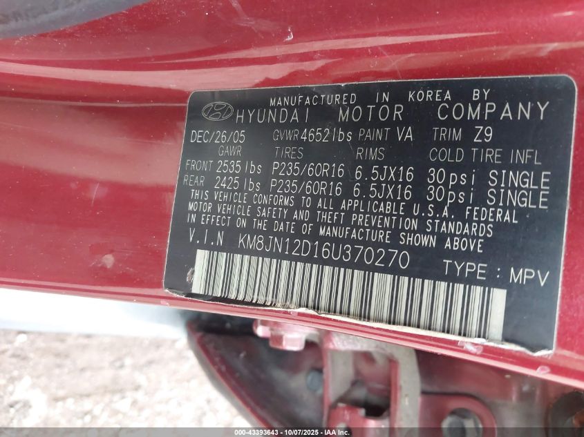 2006 Hyundai Tucson Gls/Limited VIN: KM8JN12D16U370270 Lot: 43393643