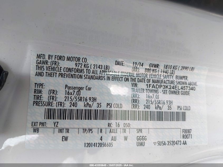 2014 Ford Focus Se VIN: 1FADP3K24EL457340 Lot: 43393649