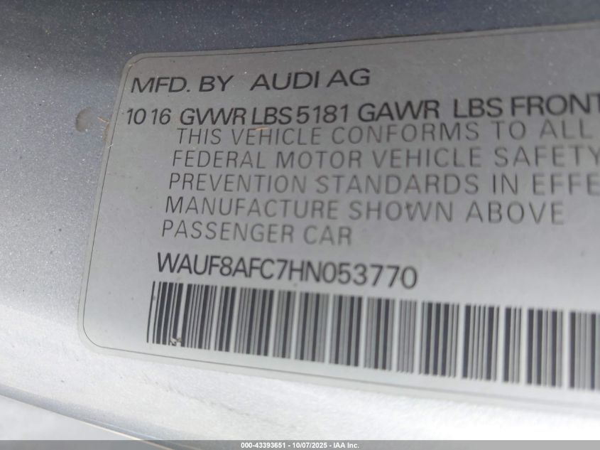 2017 Audi A6 2.0T Premium VIN: WAUF8AFC7HN053770 Lot: 43393651