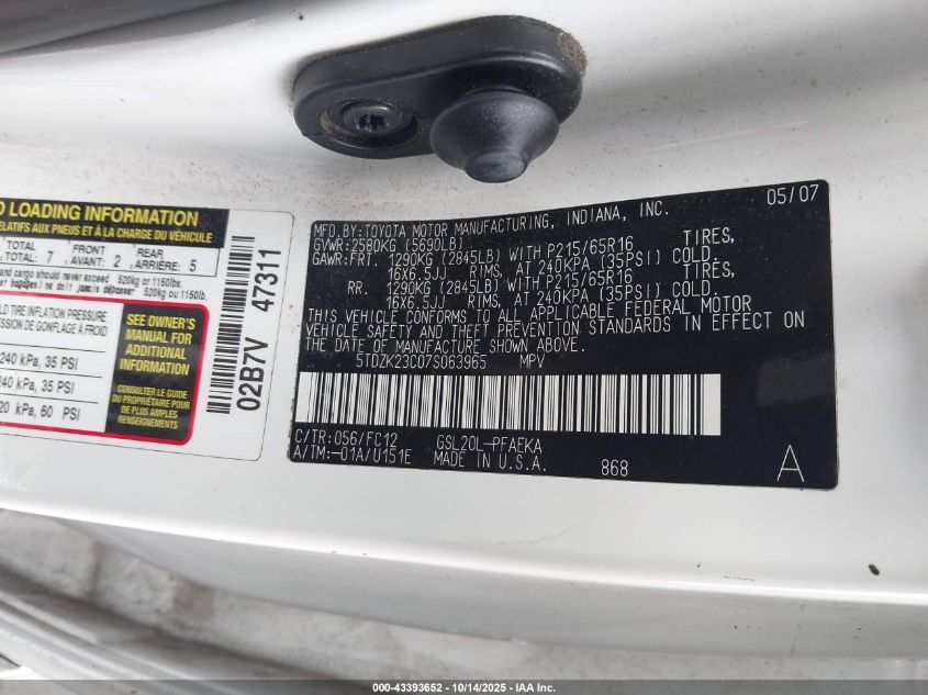 2007 Toyota Sienna Le VIN: 5TDZK23C07S063965 Lot: 43393652