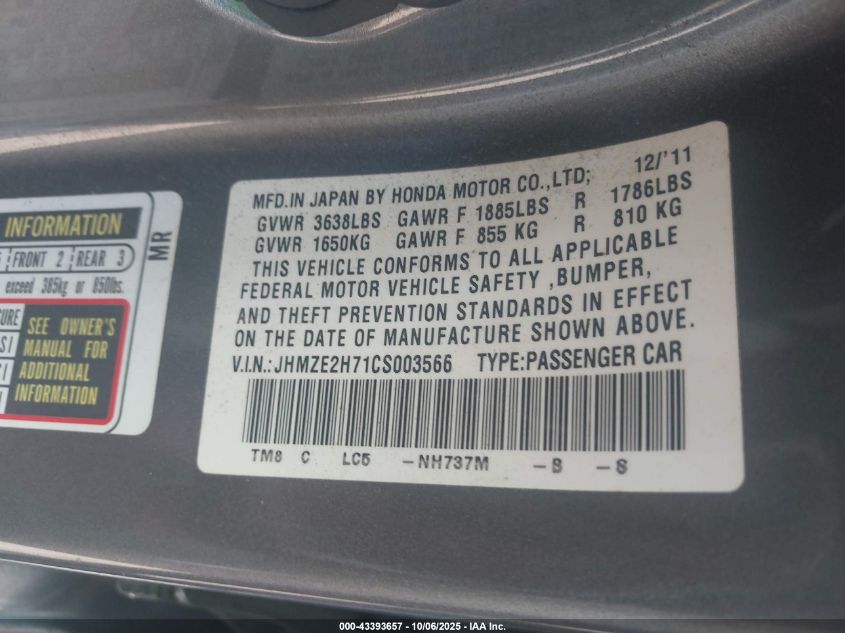 2012 Honda Insight Ex VIN: JHMZE2H71CS003566 Lot: 43393657