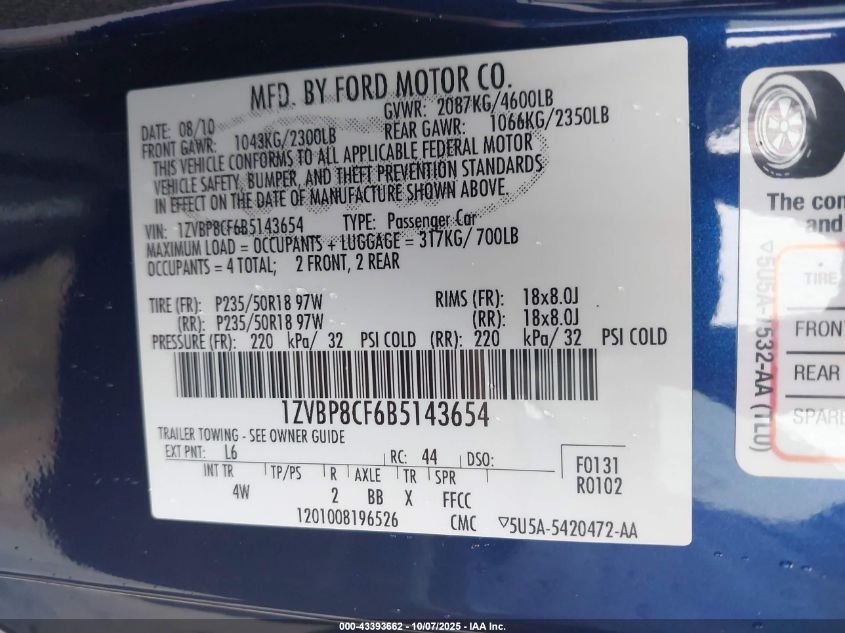 2011 Ford Mustang Gt Premium VIN: 1ZVBP8CF6B5143654 Lot: 43393662