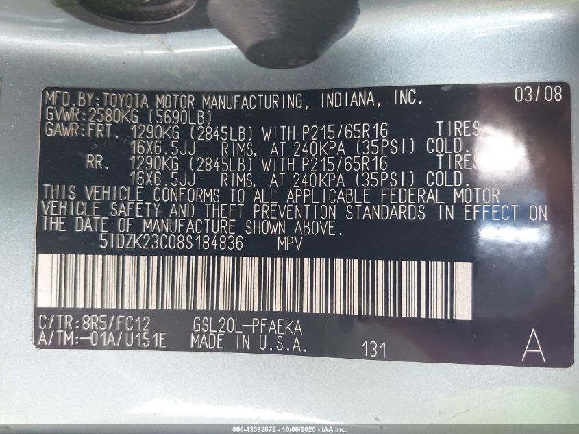 2008 Toyota Sienna Le VIN: 5TDZK23C08S184836 Lot: 43393672