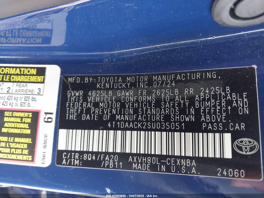 2025 Toyota Camry Le VIN: 4T1DAACK2SU035051 Lot: 43393685