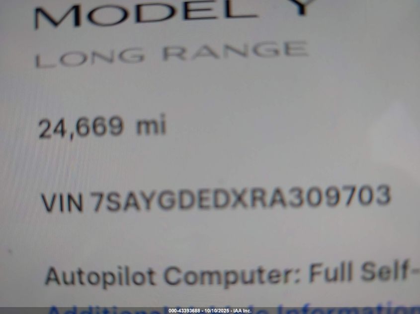 2024 Tesla Model Y Long Range Dual Motor All-Wheel Drive/Rwd VIN: 7SAYGDEDXRA309703 Lot: 43393688