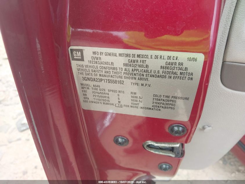 2007 Chevrolet Hhr Lt VIN: 3GNDA23P17S558162 Lot: 43393693