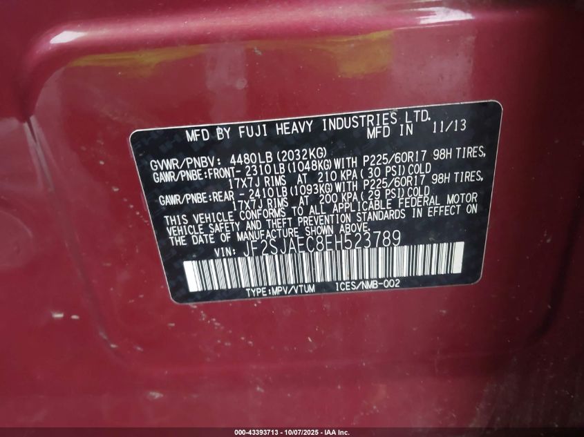 2014 Subaru Forester 2.5I Premium VIN: JF2SJAEC8EH523789 Lot: 43393713