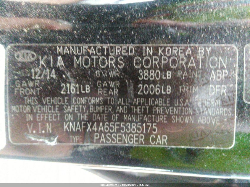 2015 Kia Forte Lx VIN: KNAFX4A65F5385175 Lot: 43393715