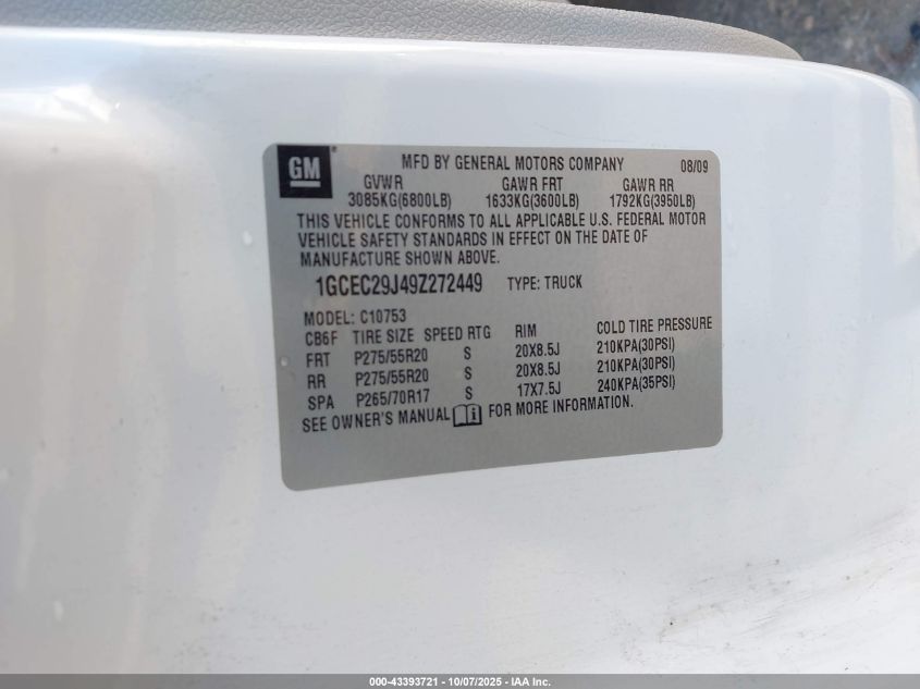 2009 Chevrolet Silverado 1500 Lt VIN: 1GCEC29J49Z272449 Lot: 43393721