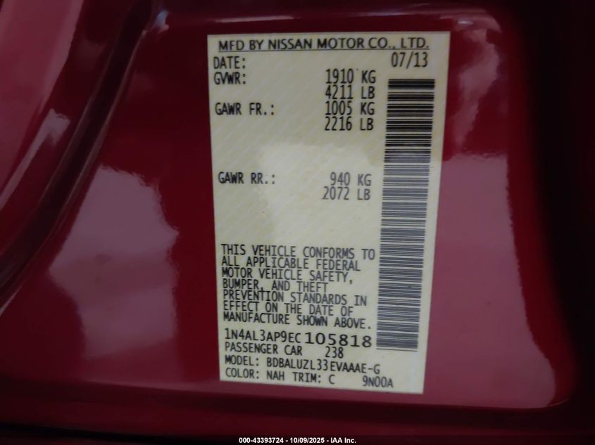 2014 Nissan Altima 2.5 Sv VIN: 1N4AL3AP9EC105818 Lot: 43393724