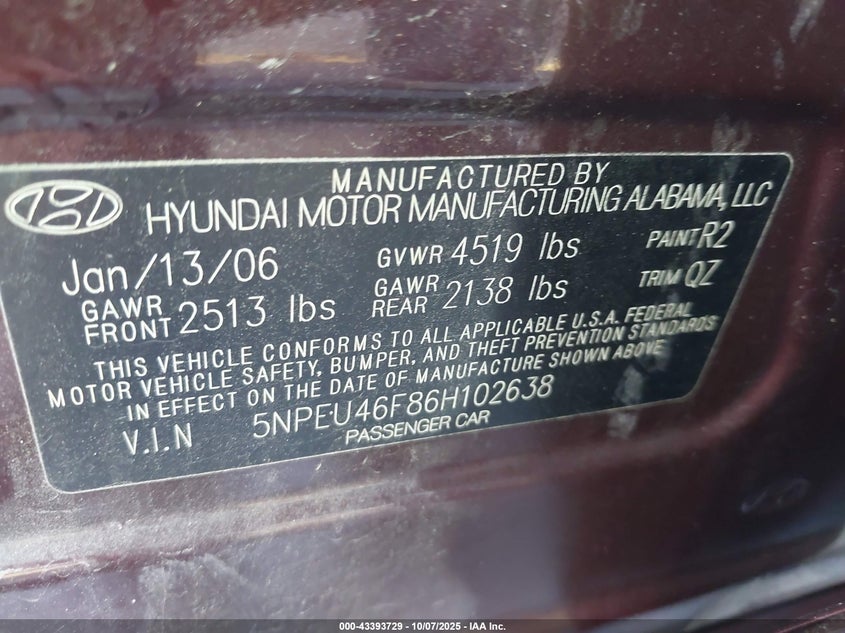 2006 Hyundai Sonata Gls V6/Lx V6 VIN: 5NPEU46F86H102638 Lot: 43393729