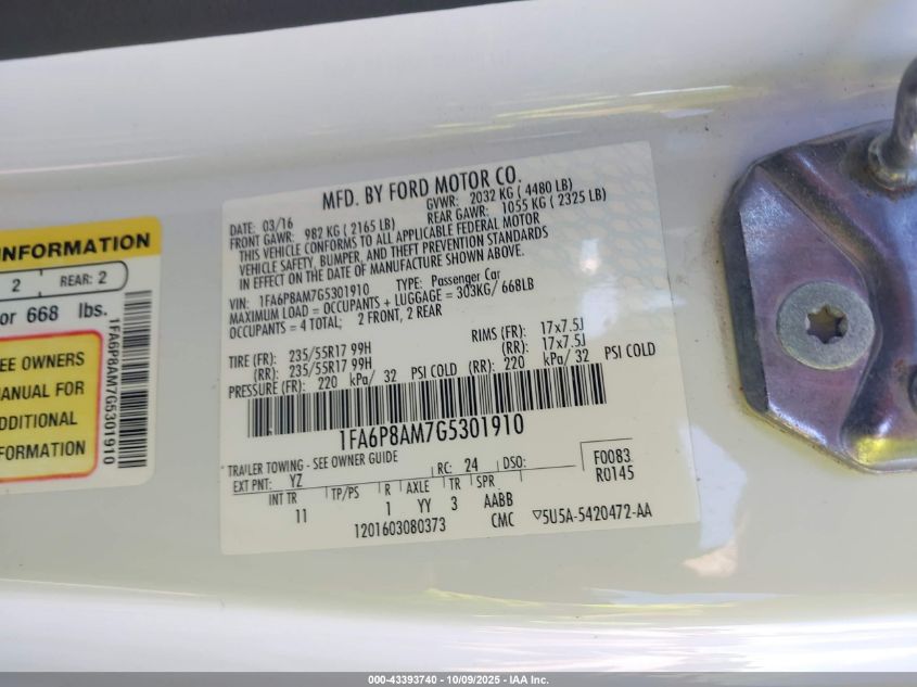 2016 Ford Mustang V6 VIN: 1FA6P8AM7G5301910 Lot: 43393740