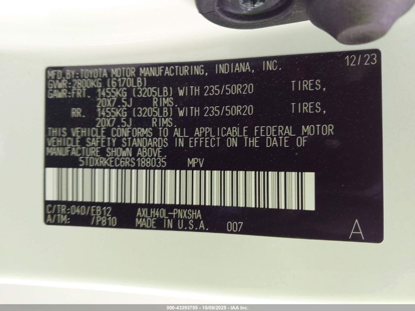 2024 Toyota Sienna Xse VIN: 5TDXRKEC6RS188035 Lot: 43393755