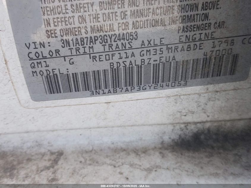 2016 Nissan Sentra S VIN: 3N1AB7AP3GY244053 Lot: 43393757