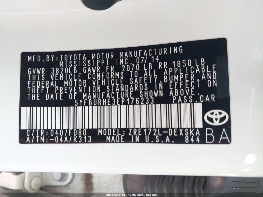 2014 Toyota Corolla S Plus VIN: 5YFBURHE3EP176233 Lot: 43393764