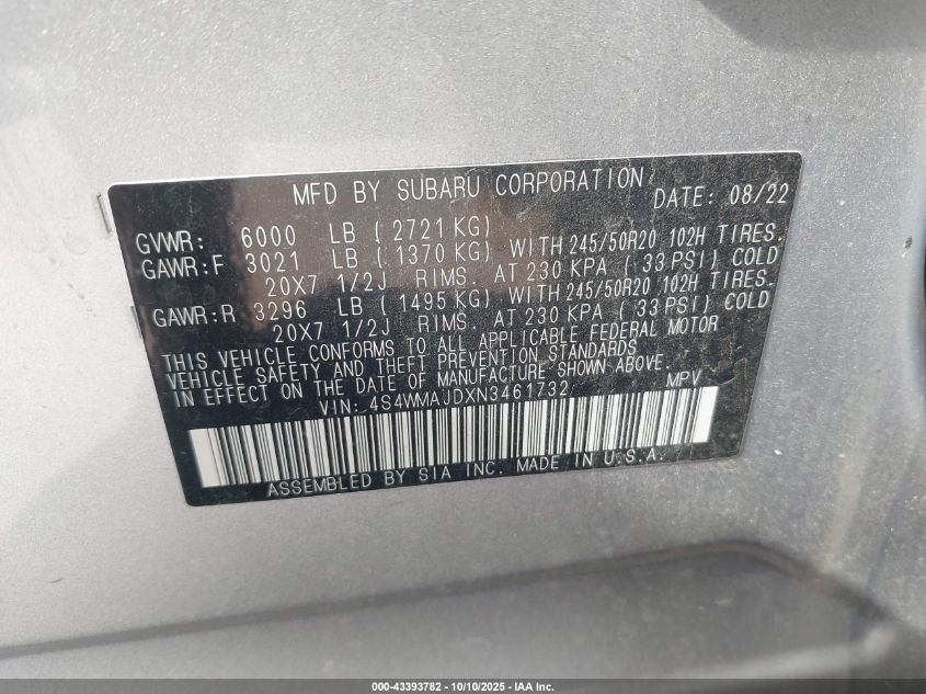 2022 Subaru Ascent Onyx Edition VIN: 4S4WMAJDXN3461732 Lot: 43393782