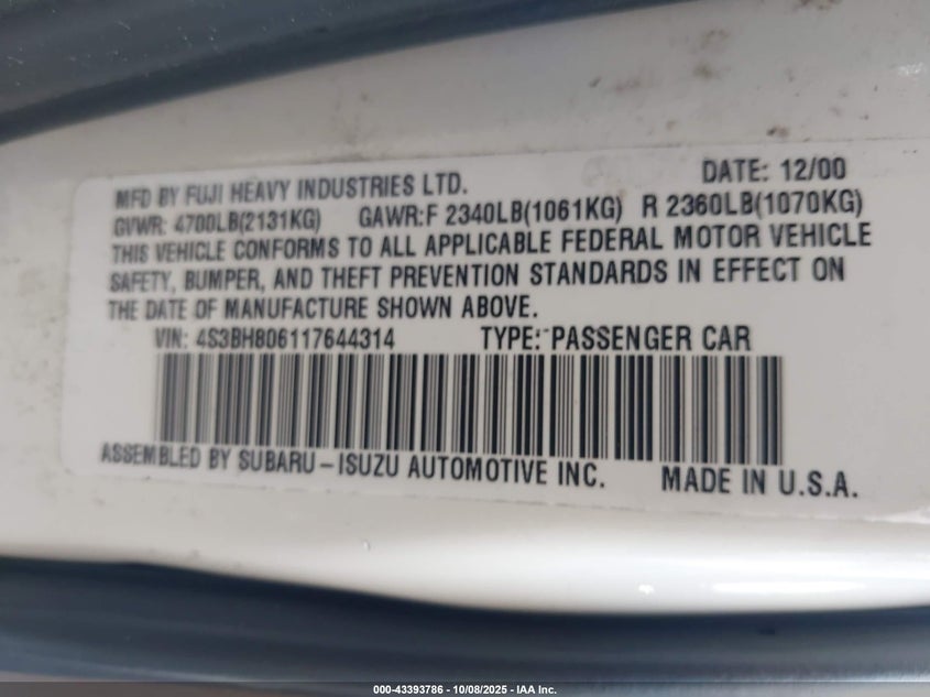 2001 Subaru Outback H6-3.0 VIN: 4S3BH806117644314 Lot: 43393786