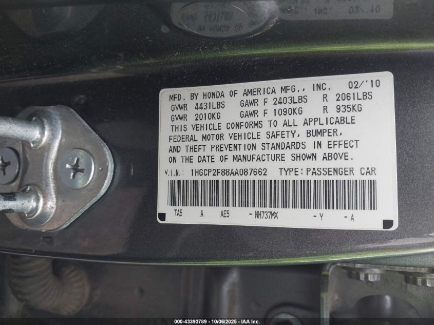 2010 Honda Accord 2.4 Ex-L VIN: 1HGCP2F88AA087662 Lot: 43393789