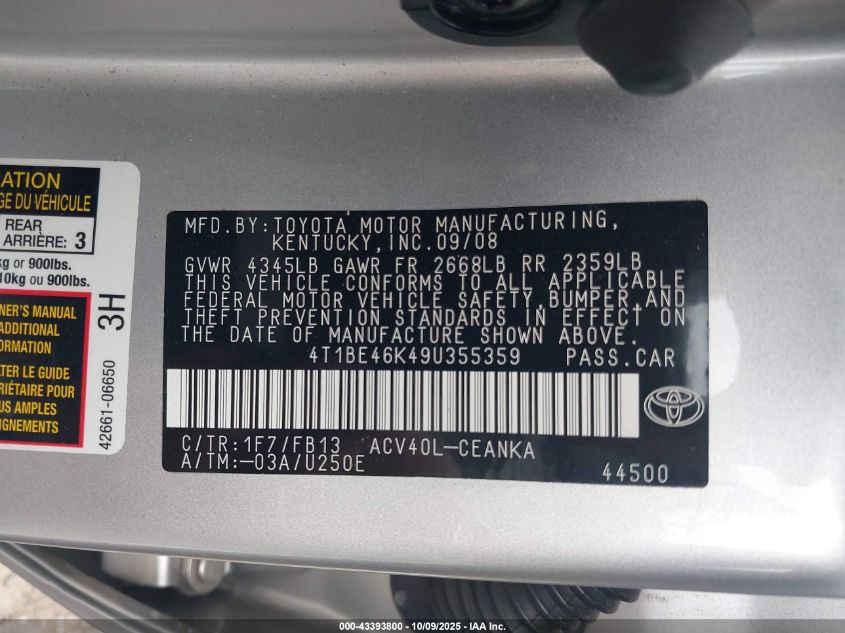 2009 Toyota Camry Le VIN: 4T1BE46K49U355359 Lot: 43393800