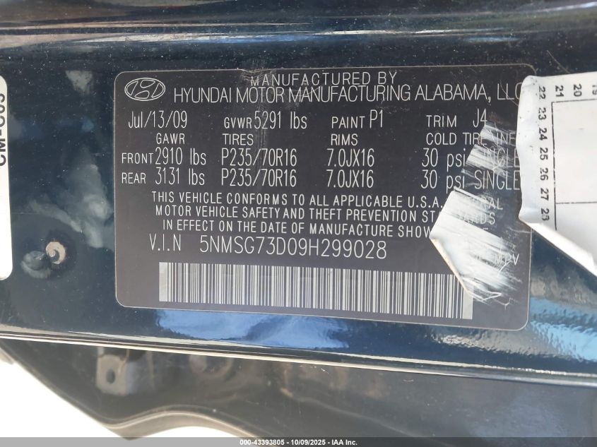 2009 Hyundai Santa Fe Gls VIN: 5NMSG73D09H299028 Lot: 43393805