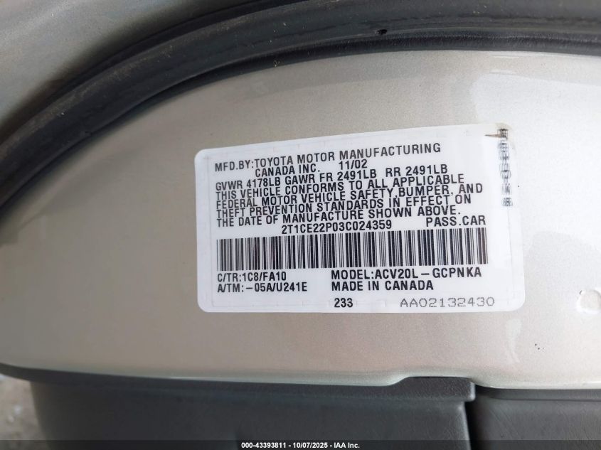 2003 Toyota Camry Solara Se VIN: 2T1CE22P03C024359 Lot: 43393811