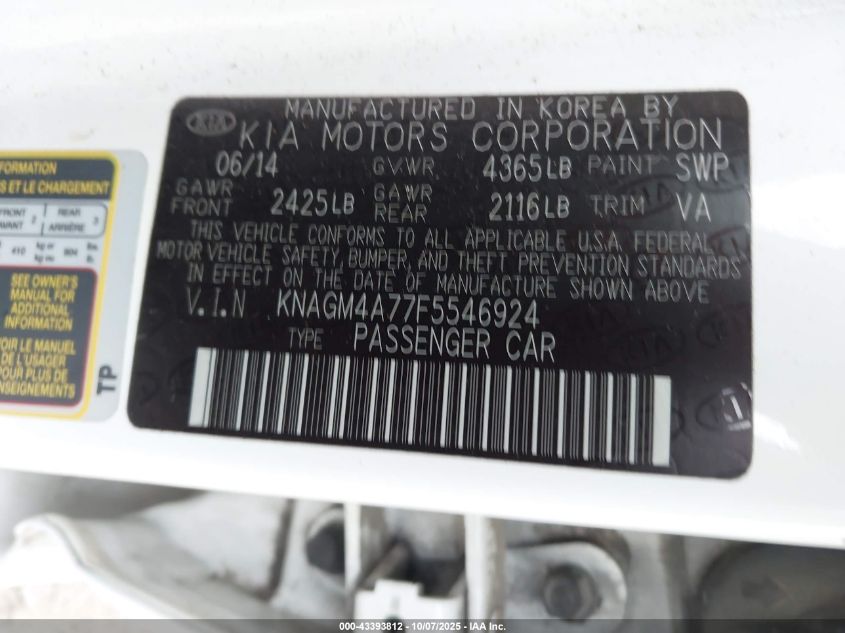 2015 Kia Optima Lx VIN: KNAGM4A77F5546924 Lot: 43393812