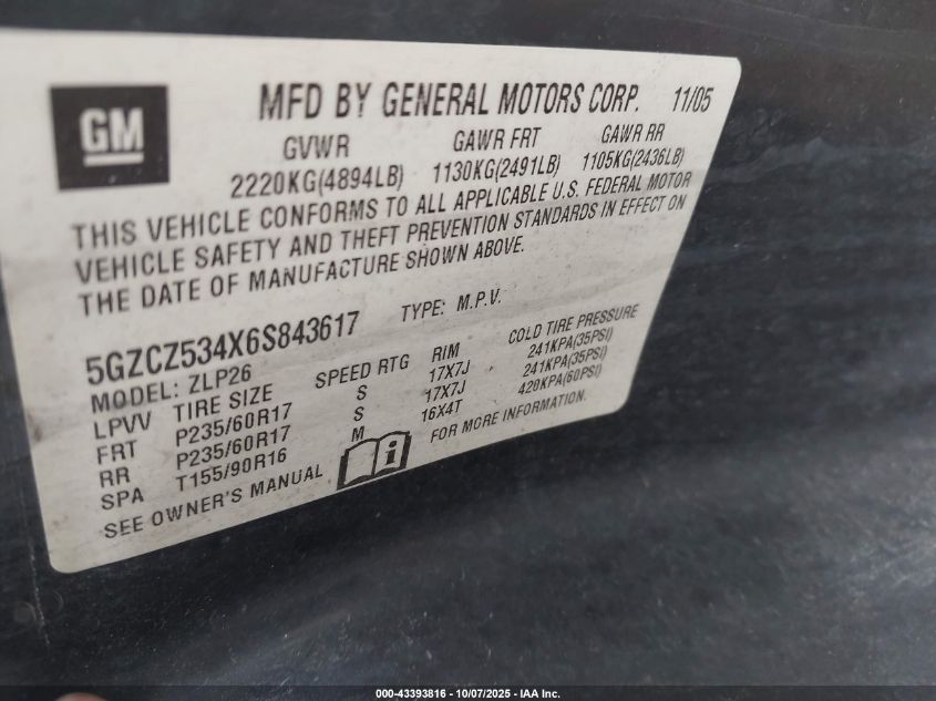 2006 Saturn Vue V6 VIN: 5GZCZ534X6S843617 Lot: 43393816