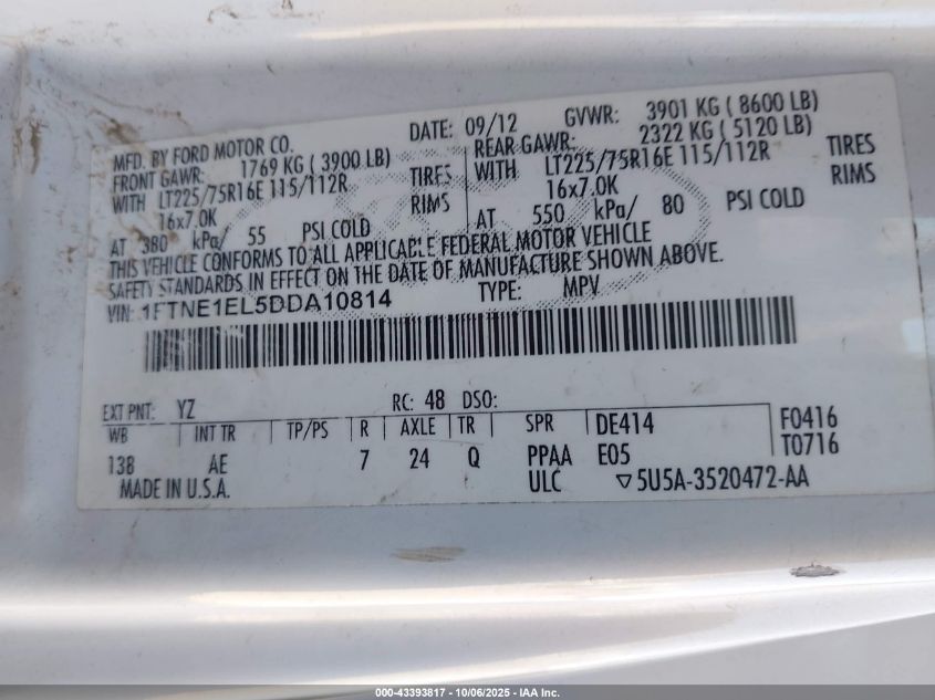 2013 Ford E-150 Commercial VIN: 1FTNE1EL5DDA10814 Lot: 43393817