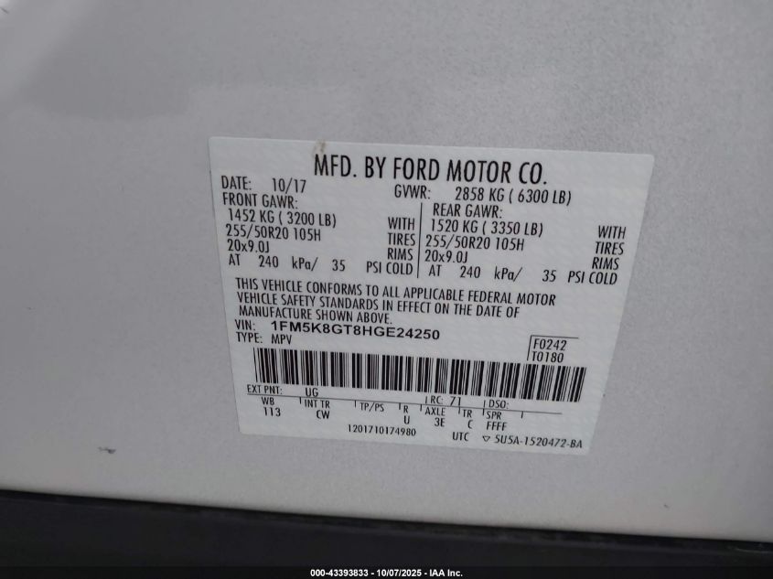 2017 Ford Explorer Sport VIN: 1FM5K8GT8HGE24250 Lot: 43393833