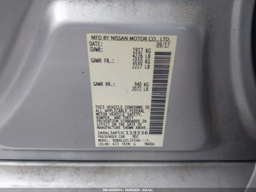 2018 Nissan Altima 2.5 S VIN: 1N4AL3AP3JC119336 Lot: 43393834