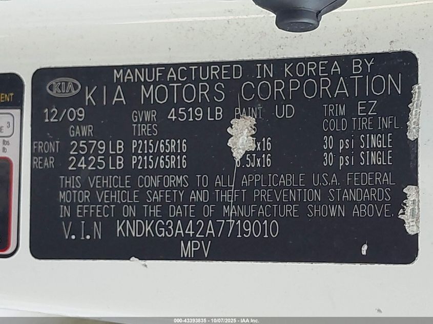 2010 Kia Sportage Lx VIN: KNDKG3A42A7719010 Lot: 43393835