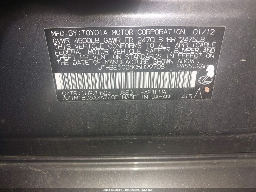 2012 Lexus Is 350 VIN: JTHBE5C28C5029708 Lot: 43393842