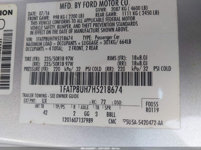 2017 Ford Mustang Ecoboost Premium VIN: 1FATP8UH7H5218674 Lot: 43393857