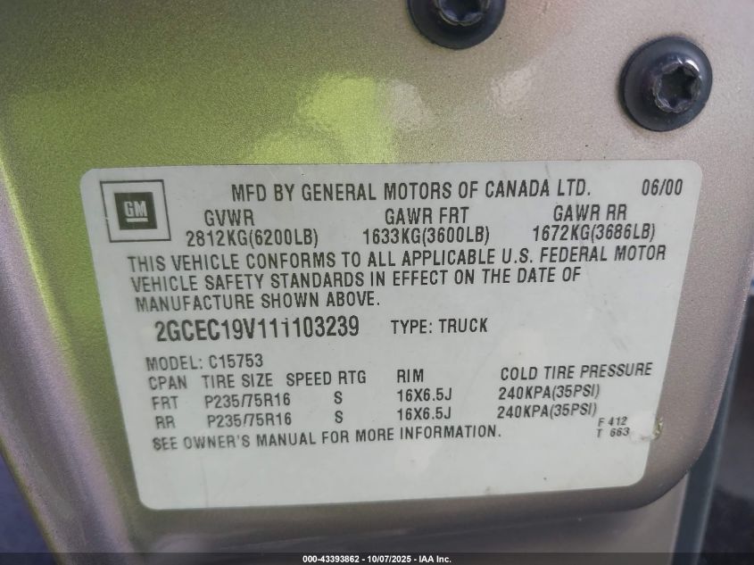 2001 Chevrolet Silverado 1500 Ls VIN: 2GCEC19V111103239 Lot: 43393862