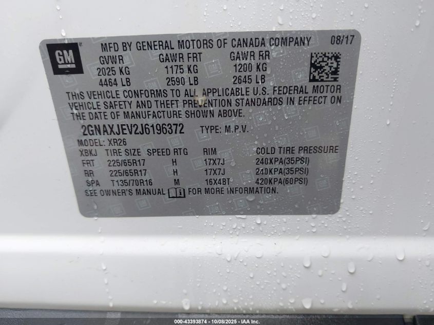 2018 Chevrolet Equinox Lt VIN: 2GNAXJEV2J6196372 Lot: 43393874