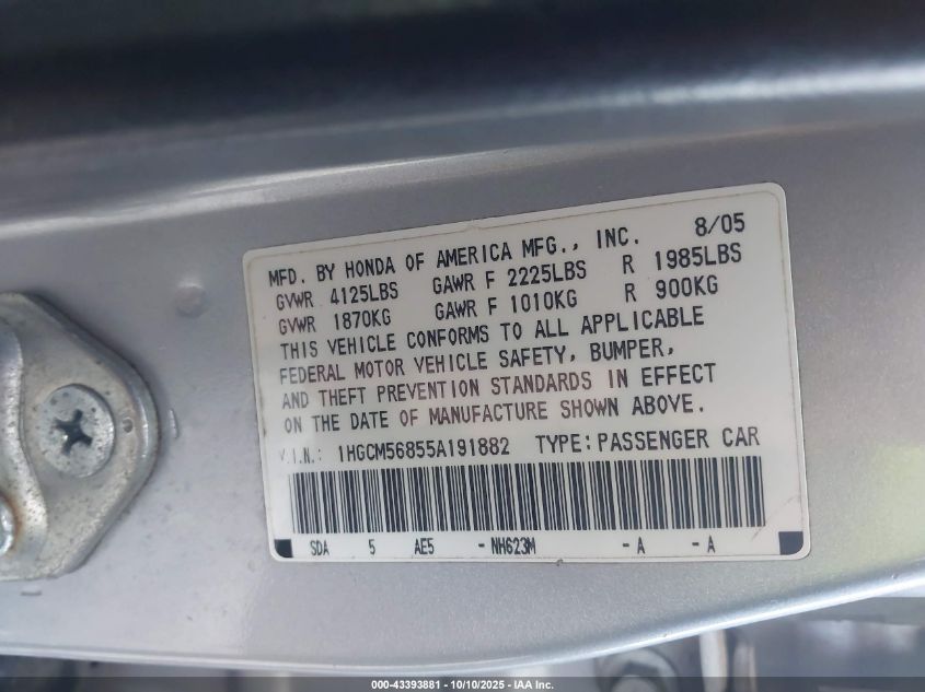 2005 Honda Accord 2.4 Ex VIN: 1HGCM56855A191882 Lot: 43393881