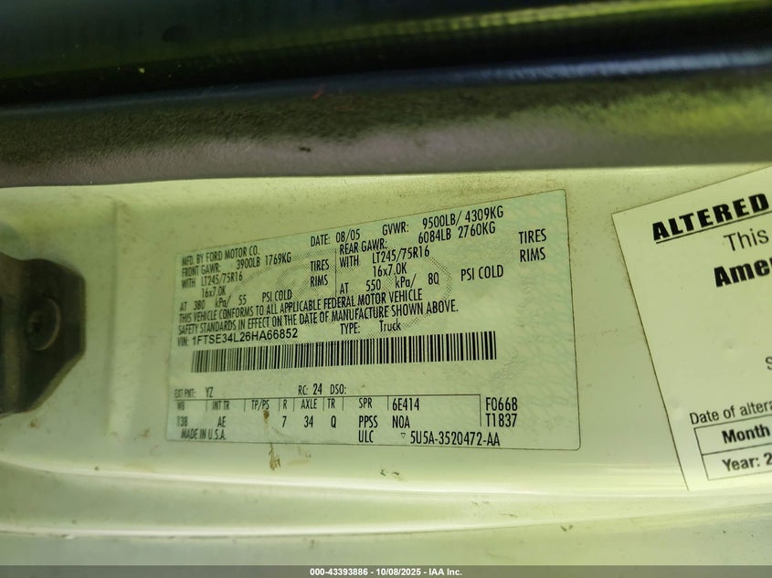 2006 Ford E-350 Super Duty Commercial/Recreational VIN: 1FTSE34L26HA66852 Lot: 43393886