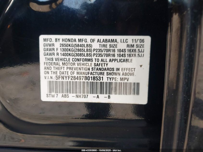 2007 Honda Pilot Ex VIN: 5FNYF28497B018531 Lot: 43393900