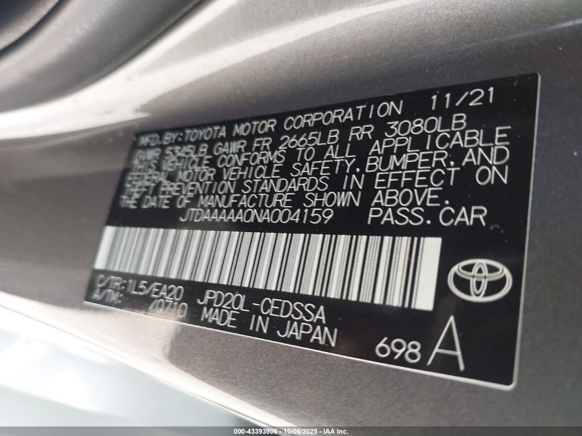 2022 Toyota Mirai Xle VIN: JTDAAAAAONA004159 Lot: 43393906