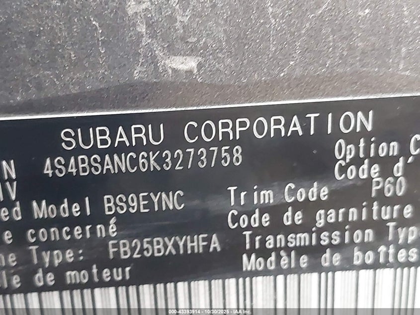 4S4BSANC6K3273758 2019 SUBARU OUTBACK photo no. 9