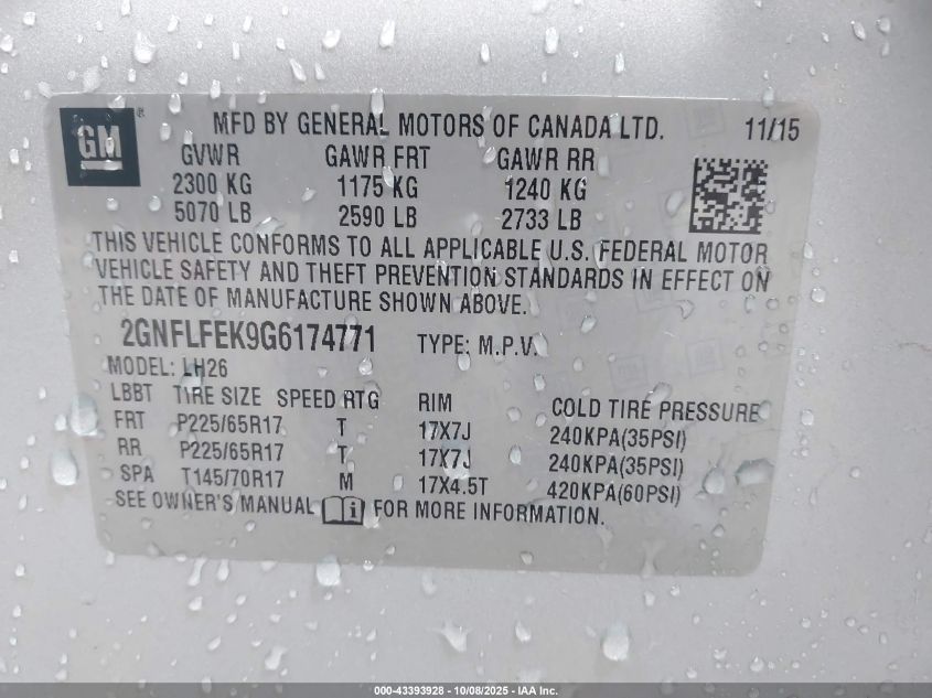 2016 Chevrolet Equinox Lt VIN: 2GNFLFEK9G6174771 Lot: 43393928