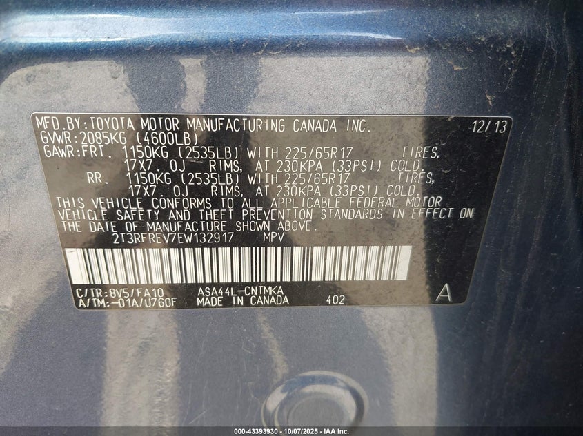 2014 TOYOTA RAV4 XLE 2T3RFREV7EW132917