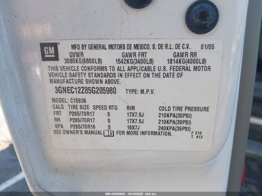 2005 Chevrolet Avalanche 1500 Z66 VIN: 3GNEC12Z85G205980 Lot: 43393929